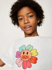 SHEIN Tween Boys Lös Street Style Solros Print Rundhals Kortärmad Shorts Set - Svart och Vitt - Visa 6
