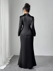 SHEIN Unity 女士优雅缎面开衩腰套装，适合派对和日常穿着的时尚套装 - 黑色 - 查看 2