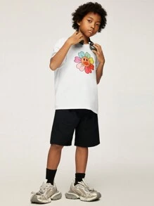 SHEIN Tween Boys Lös Street Style Solros Print Rundhals Kortärmad Shorts Set - Svart och Vitt - Visa 3