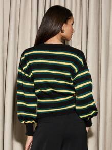 AiiRZ Striped Knit Button-Down Cardigan V-Neck Cropped Sweater Fashion Casual Fall Winter Collegiate Style Loungewear