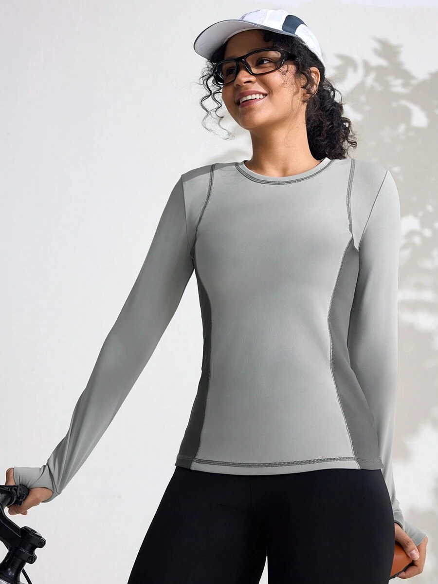 SHEIN Sports Casual Color Block Splice Long Sleeve Elastic Skin-Friendly Outdoor T-Shirt - Grey - View 1