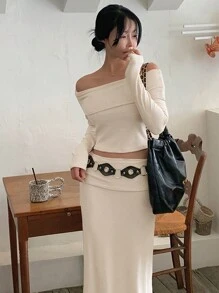 DAZY 2pcs Women Solid Color Wrap Collar Off Shoulder Crop Top And Skirt Set, Spring/Summer - Apricot - View 6