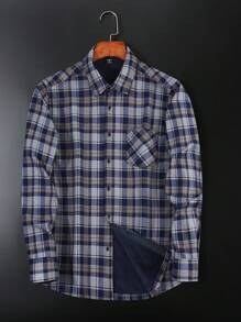 Manfinity Mode Camisa casual de manga larga con un solo abotonado y forrada térmicamente de unicolor para hombre, apta para otoño/invierno
