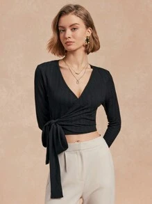 Chiquease Women Plain Color Long Sleeve Lace-Up Casual Blouse, Everyday Wear