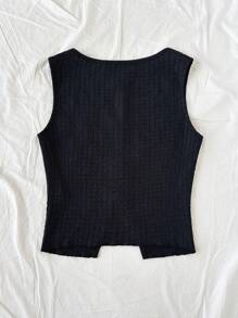 Soleia Women's Apricot Knitted Textured Round Neck Slit Bow Accent Cropped Black Tank Top, For Holiday - Black - View 4