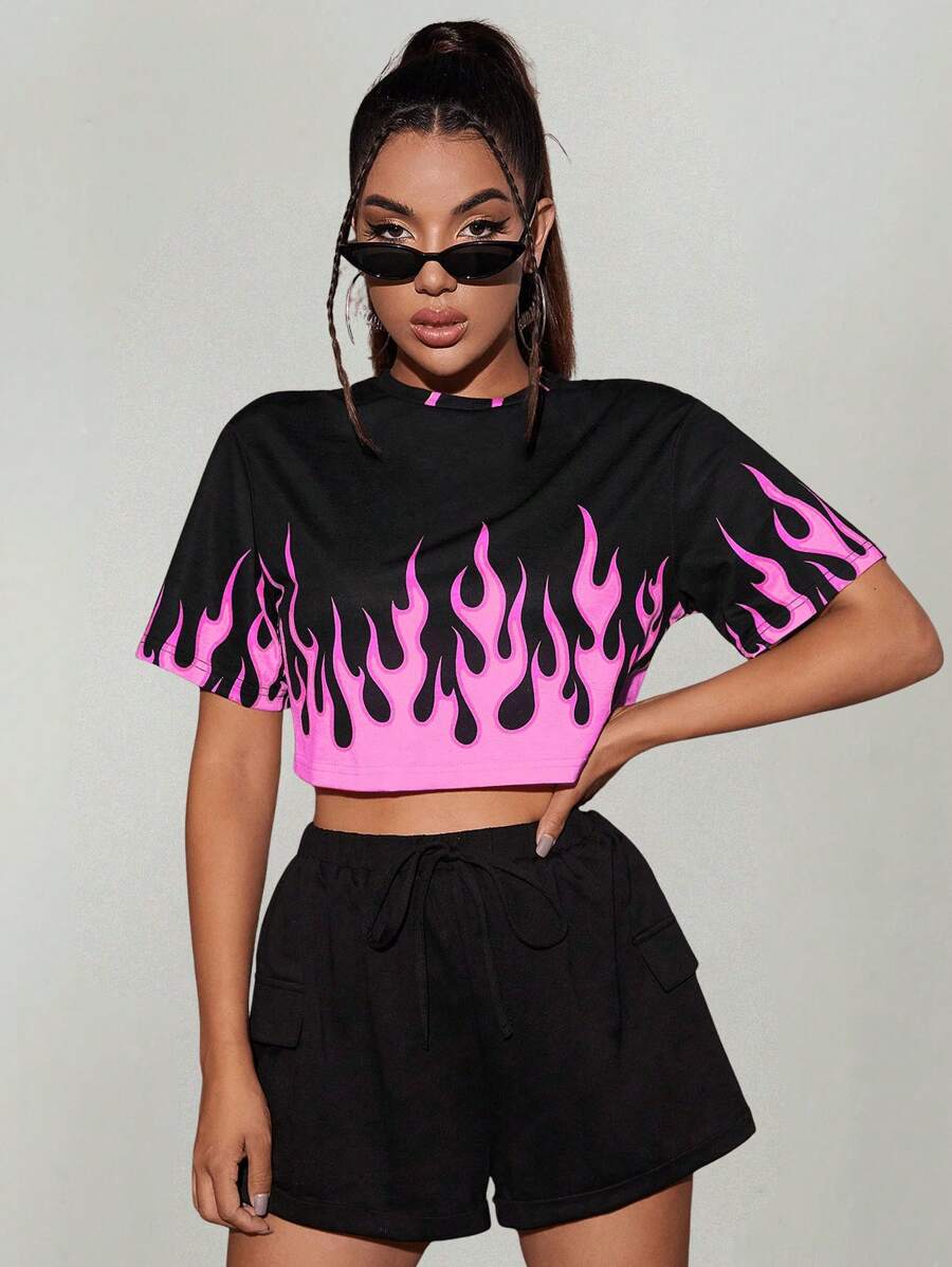 Coolane Women's Flame Print Round Neck Short Sleeve Cropped Casual T-Shirt, Summer - Pink - View 1
