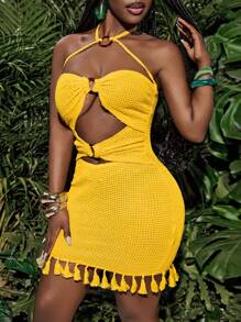 Slaydiva Nuevo vestido mini de mujer de verano con cuello halter, decoración de anillo de madera en el centro delantero, espalda descubierta, ajuste ceñido, falda mini con flecos, de tejido de crochet de punto amarillo