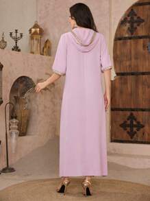 Al Najma Solid Color V-Neck Patchwork Casual Loose Tunic Kaftan Jalabiya Dress - Pink - View 2