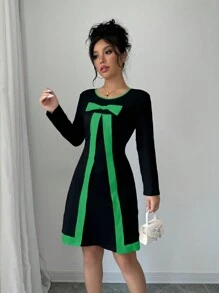 Elenzga Women's Crew Neck Long Sleeve Mini Dress With Bow Decor