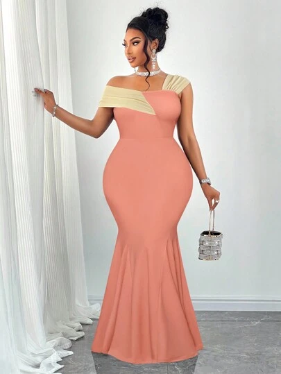 SOLERSUN “2024新款大码女装，两色撞色斜肩不对称鱼尾连衣裙长款连衣裙优雅高级修身高腰伴娘服婚礼季姐妹装