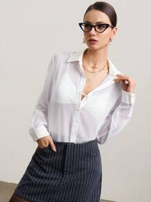 SHEIN Unity Women's Solid Color Button Down Long Sleeve Simple Shirt, Casual Everyday Wear - White - View 4