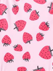 SHEIN LMoss Kids Young Girl Cute Cartoon Strawberry Print Ruffled Cap Sleeve One-Piece Swimsuit, Spring/Summer