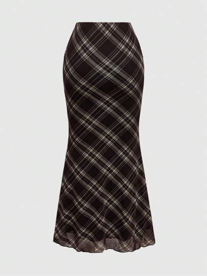 ROMWE Grunge Punk Bộ 2 món áo bustier kẻ caro cổ điển Y2K và chân váy đuôi cá kẻ caro cạp thấp