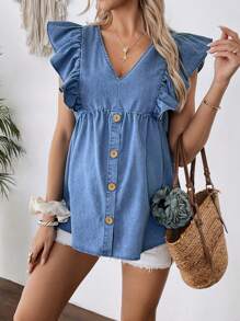 SHEIN Pregnant Women Blue Denim V-Neck Ruffle Cap Sleeve Top,Blue,Suitable For Parties, Holidays, Dates, Valentine's Day, Afternoon Tea, Summer / Summer Outfits / Summer Clothes,Year-Round,For Spring/Summer Holiday,Suitable For Summer,Blue Summer,Vacation Outfits Woman,Easter,Spring,Western,Office Outfits For Women,Rave Outfits,Baby Shower,Cottagecore,Country Outfits Women, Chic,Women Elegant,Beach ,Graduation,Vacation,Easter Mom/Mother/ Mommy/Mother's Day/Mama/Mum/Mother's Day Gift