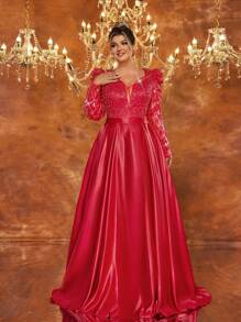 Glamrae Vestido de noche elegante y lujoso de talla grande con bordados y rhinestones, con una combinación de satén y tela roma. - Burdeos - Ver 1