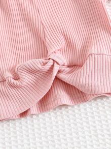 Cozy Pixies 2pcs Baby Girls Solid Knit Soft Crew Neck Short Sleeve Twist Front Top And Elastic Waist Shorts Set - Pink - View 7