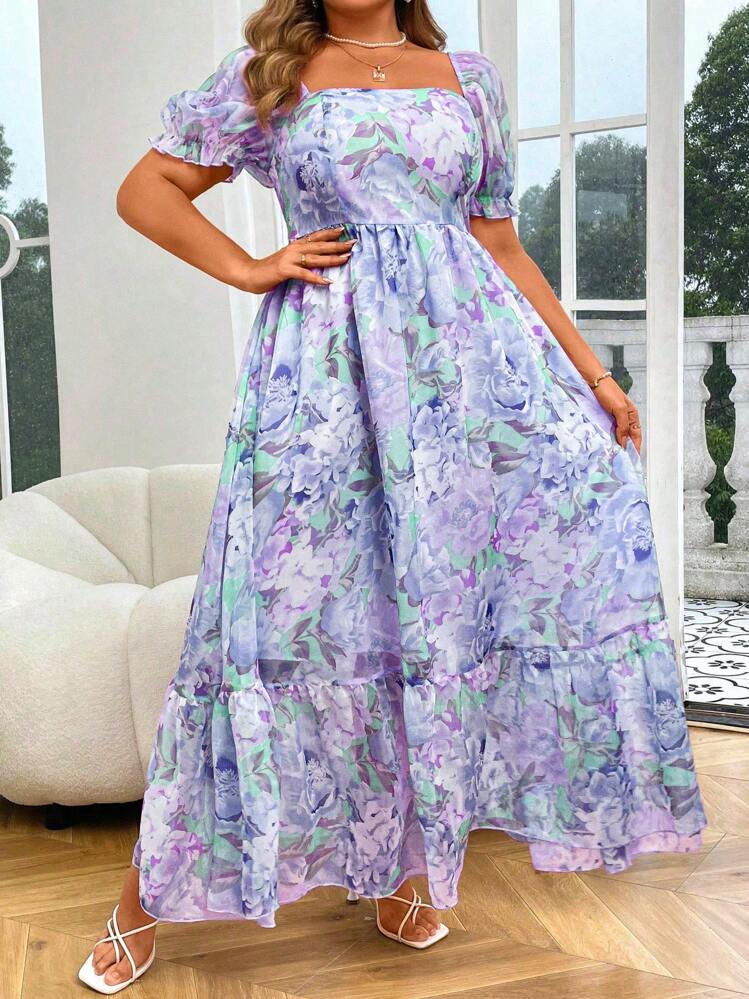 plus size organza dress Plum Coast Plus Size Organza Floral Placement Lace Trim Midaxi Dress