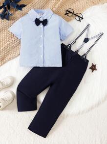 2 pièces Ensembles pour Jeunes Garçons: Haut à manches courtes avec col boutonné bleu et blanc décoré de nœud papillon + Pantalon bleu à taille élastique, Style Britannique Décontracté Adapté pour l'Extérieur, les Fêtes en Été (2 Ensembles Vendus Séparément) - bleu indigo - Voir 1