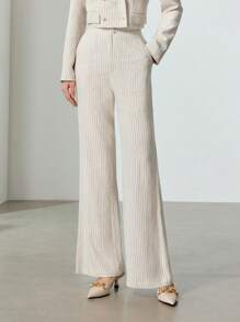 EastFlair Women's Striped Pocket Flare Leg Casual Commuter Suit Pants In Fall/Winter - White - View 4