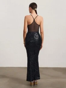 SHEIN Unity Women's Sequin Splicing Mesh Bodycon Long Dress - Black - View 2