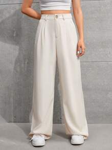 SHEIN Teen Girl Woven Solid Color Twill Wide Leg Pants With Slant Pockets