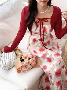 DAZY 2pcs Women Allover Print Casual Long Sleeve Set Summer - Red - View 3