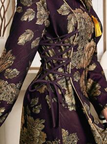 Al Najma 女式花卉印花拼布流苏长袖优雅阿拉伯连衣裙，优雅 A 字形 Jalabiya 阿拉伯连衣裙，适合晚会，端庄 - 酒紅色 - 查看 6