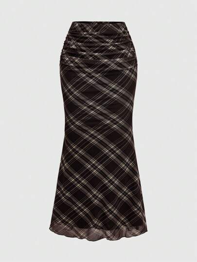 ROMWE Grunge Punk Bộ 2 món áo bustier kẻ caro cổ điển Y2K và chân váy đuôi cá kẻ caro cạp thấp