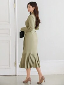DAZY 1 pièce Robe à manches longues à col cranté double boutonnage de couleur unie pour femme, style urbain, volant