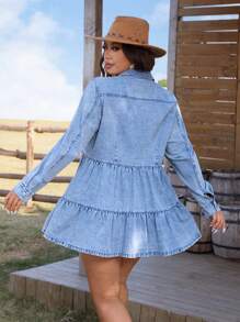SHEIN LUNE Plus Size Denim Long Sleeve Button Front Pocket Minimalist Casual Short Dress - Blue - View 2