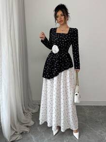 Chiquease Women's Square Neck Patchwork Ditsy Floral Long Dress, Elastic Waist, Suitable For Spring & Autumn - Multicolor - View 5