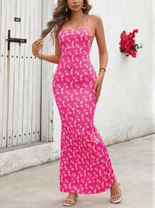 SHEIN VCAY 女士垂褶领口露背度假花卉印花针织长裙