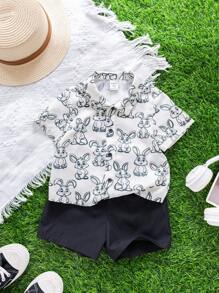 SHEIN Leap Crew 2 pièces/ensemble chemise à manches courtes avec motif de lapin de Pâques mignon et short à taille élastique pour bébé garçons, tenue d'été - Multicolore - Voir 7
