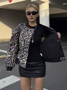 SHEIN EZwear Women's New Leopard Pattern Long Sleeve Cargo Pocket PU Leather Baseball Collar Padded Coat - Black - View 7