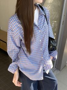 DAZY 女士格子休闲长袖纽扣前开襟简约衬衫夏季、秋季服装、法兰绒女装 - 藍色 - 查看 9