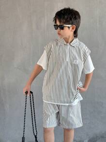 SHEIN Leap Crew Tween Boy Casual Half-Zip Vest & Shorts Set - Black - View 1