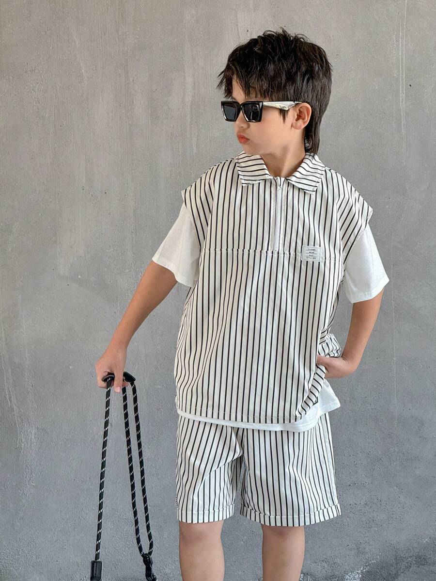 SHEIN Leap Crew Tween Boy Casual Half-Zip Vest & Shorts Set - Black - View 1