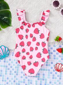 SHEIN LMoss Kids Young Girl Cute Cartoon Strawberry Print Ruffled Cap Sleeve One-Piece Swimsuit, Spring/Summer
