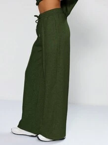 MUSERA Drawstring Waist Wide Leg Sweatpants Vacation  Thanksgiving - Khaki - View 4