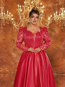 Glamrae Vestido de noche elegante y lujoso de talla grande con bordados y rhinestones, con una combinación de satén y tela roma. - Burdeos - Ver 2