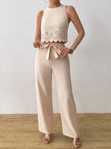 INAWLY Elegant Vacation Round Neck Camisole & Hollow Strap Straight Leg Pants 2pcs Casual Women Set