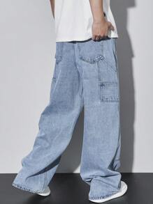 Manfinity EZcore 男士浅蓝色水洗宽松休闲工装直筒牛仔裤，都市休闲 - 淺色水洗藍 - 查看 2