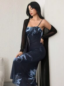 Modelyn Set de 2 piezas de chaqueta transparente y vestido de tirantes con estampado floral para mujer, elegante