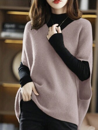 EMERY ROSE V-Neck Loose Sleeveless Knit Vest Cardigan, Batwing Loose Fit Autumn Winter Outerwear Sweater