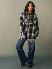 WESTFADE Nashville Plaid Check Fringe Button Front Long Sleeve Shirt Jacket - Multicolor - View 3