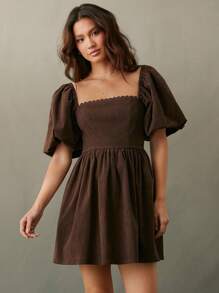 WESTFADE 牛仔灯芯绒方领扇贝边短款泡泡袖娃娃裙迷你连衣裙，休闲、可爱、秋季、冬季、波西米亚风服装、女士西部服饰、乡村音乐会服装 - 咖啡棕 - 查看 5