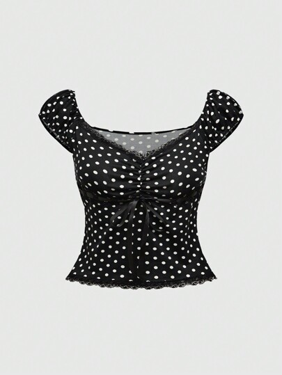 Kawaii بلوزة قطن طبعات نقاط اللون السادة مزينة بفيونكة للنساء ذوات الأحجام الكبيرة، أنيقة وشاملة لأزياء الصيف للنساء