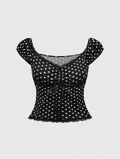 ROMWE Kawaii 大码女式 V 领蝴蝶结装饰拼色波尔卡圆点 T 恤，迷人百搭夏季上衣 女士服装 上衣