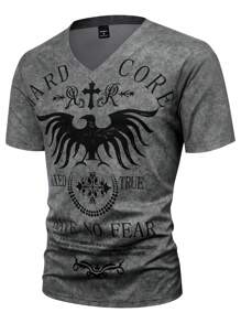Manfinity LEGND Men's V-Neck Short Sleeve Printed Simple T-Shirt, Casual Everyday Wear