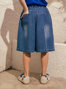 SHEIN Um short jeans para meninos pré-adolescentes em estilo casual urbano, confortável e versátil, short jeans macio para primavera e verão, short jeans folgado para meninos, adequado para várias ocasiões, como atividades urbanas ao ar livre, esportes, lazer em casa, escola e reuniões. - Azul - Ver 2